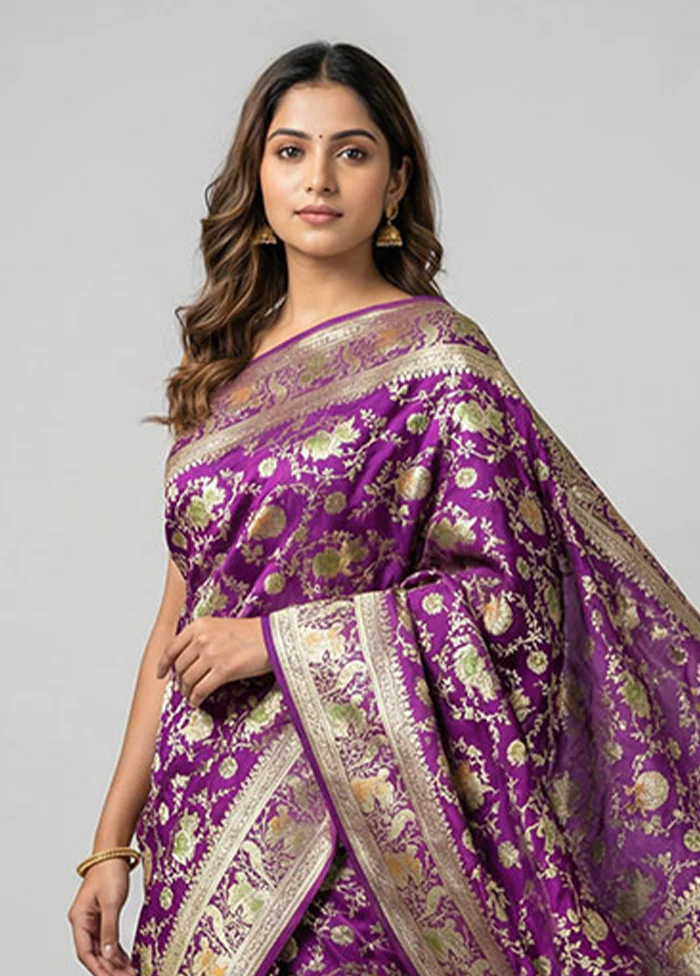 Purple Handloom Banarasi Pure Silk Saree With Blouse Piece - Image 2