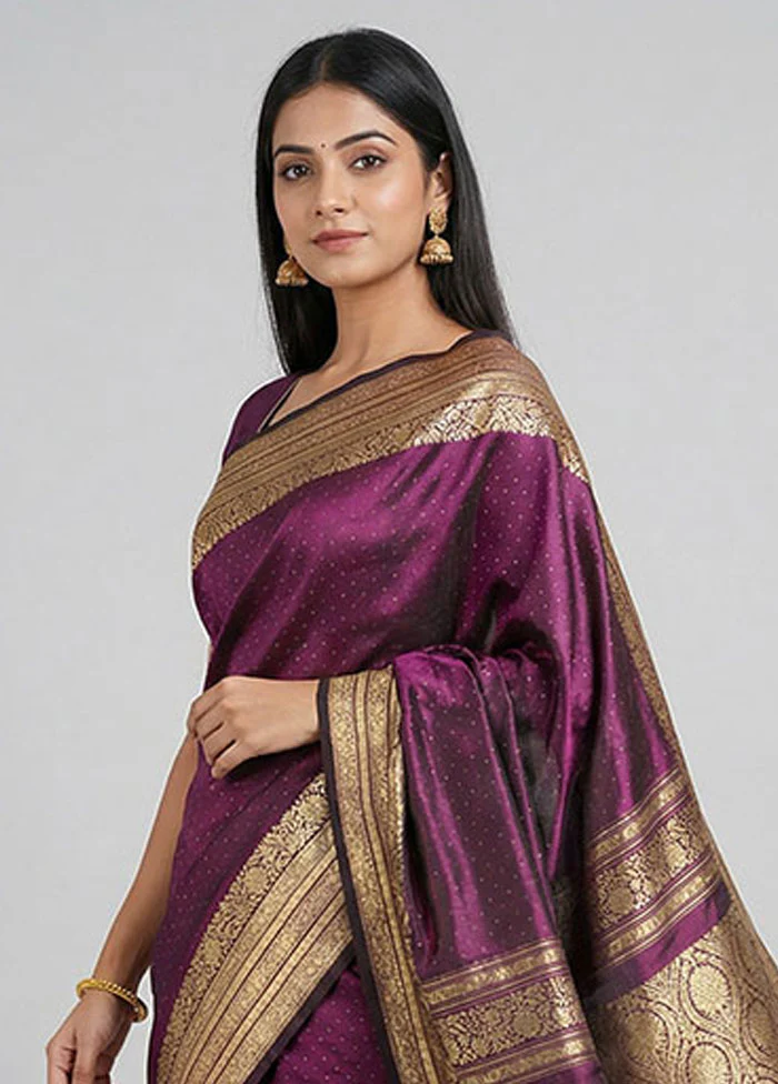 Purple Handloom Banarasi Pure Silk Saree With Blouse Piece - Image 2