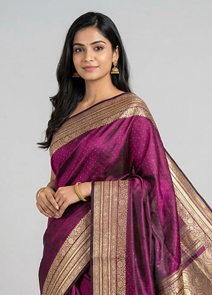Purple Handloom Banarasi Pure Silk Saree With Blouse Piece - Image 2