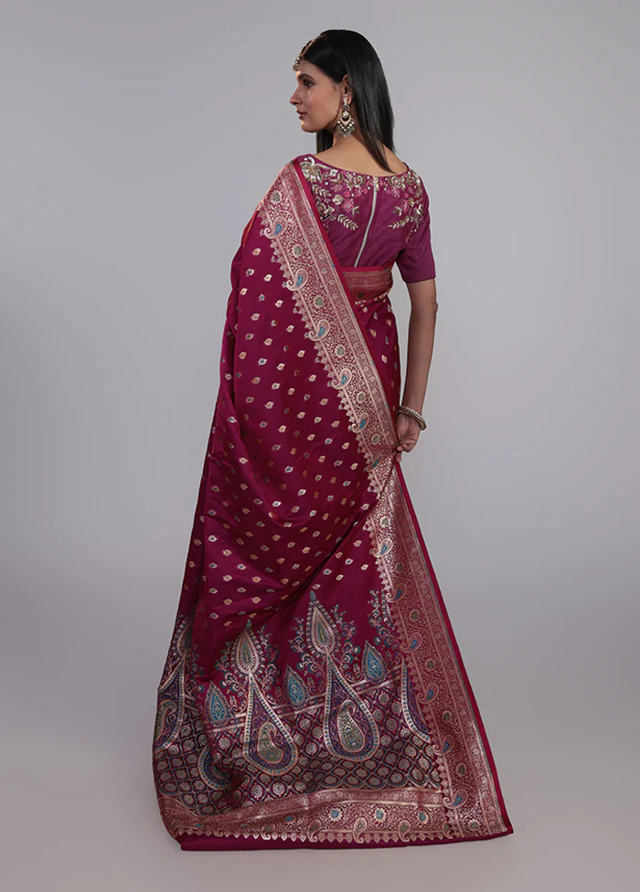 Purple Handloom Banarasi Pure Silk Saree With Blouse Piece - Image 3