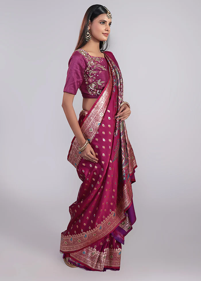 Purple Handloom Banarasi Pure Silk Saree With Blouse Piece - Image 4