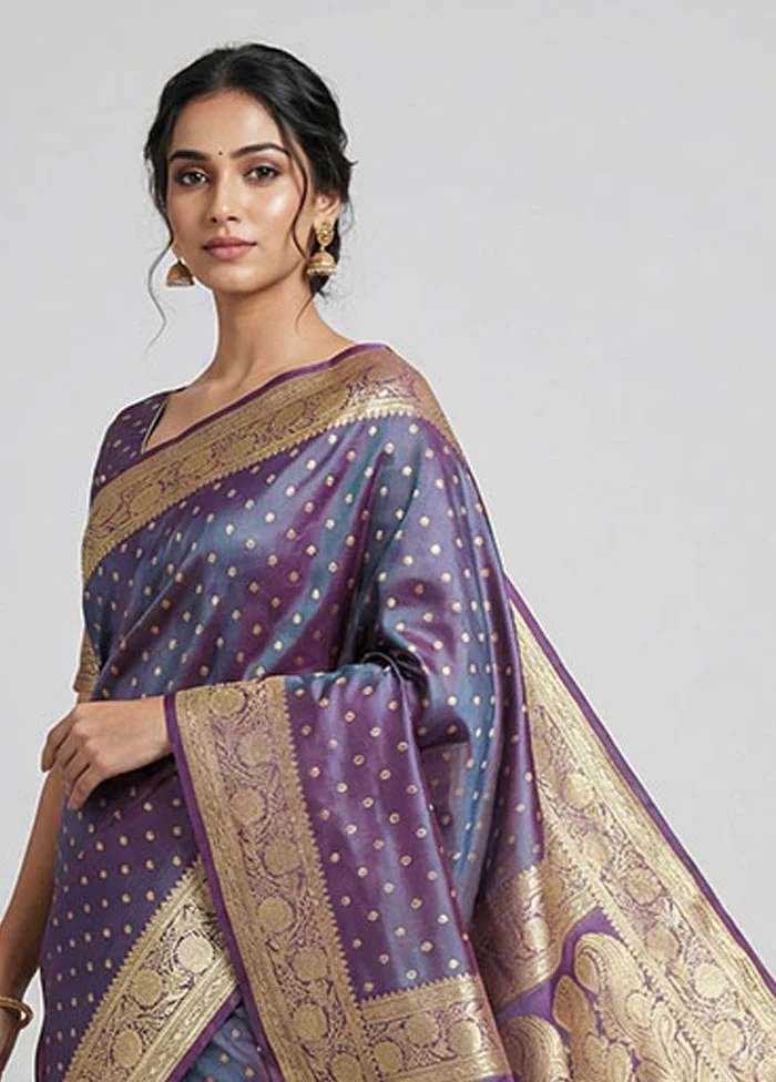 Purple Handloom Banarasi Pure Silk Saree With Blouse Piece - Image 2