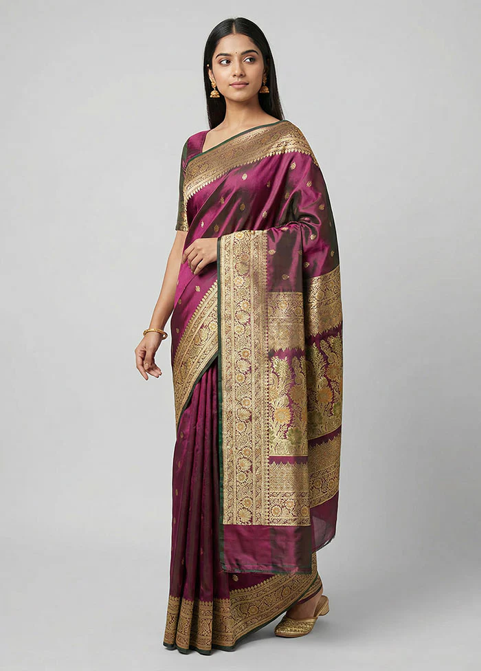 Purple Handloom Banarasi Pure Silk Saree With Blouse Piece