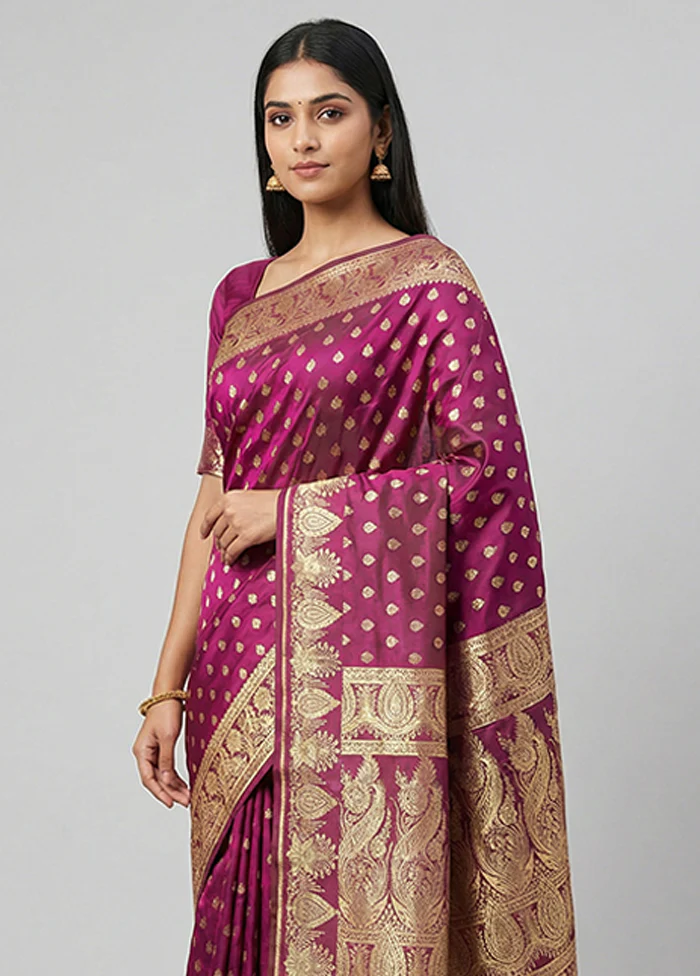 Purple Handloom Banarasi Pure Silk Saree With Blouse Piece - Image 2