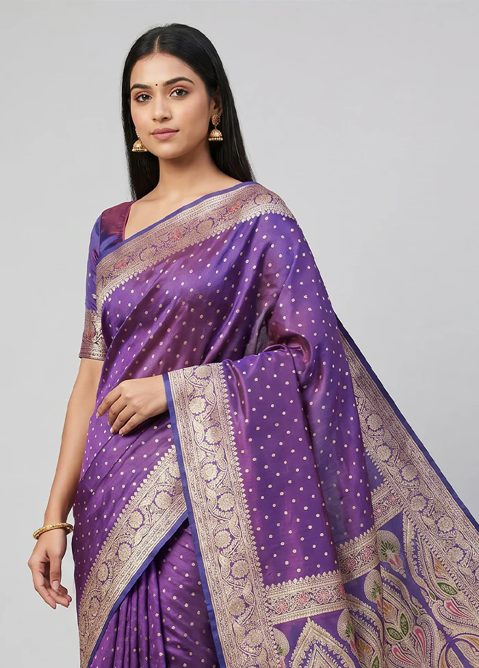 Purple Handloom Banarasi Pure Silk Saree With Blouse Piece - Image 2