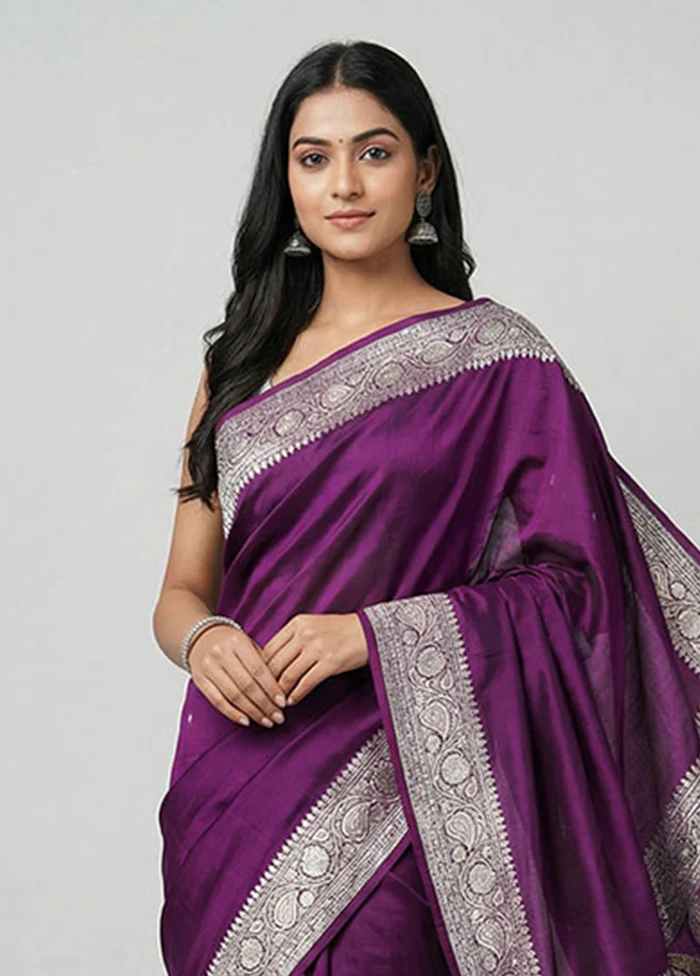Purple Handloom Banarasi Pure Silk Saree With Blouse Piece - Image 2