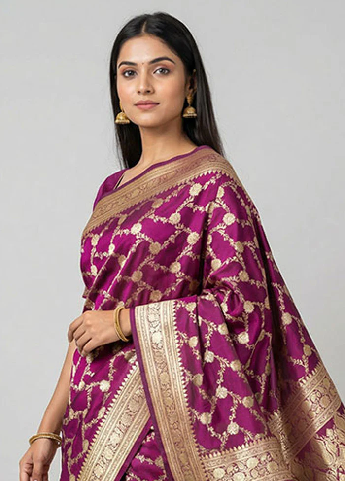 Purple Handloom Banarasi Pure Silk Saree With Blouse Piece - Image 2