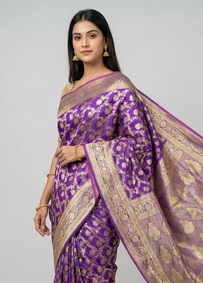 Purple Handloom Banarasi Pure Silk Saree With Blouse Piece - Image 2