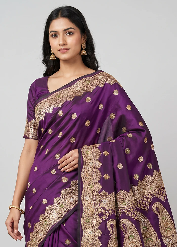 Purple Handloom Banarasi Pure Silk Saree With Blouse Piece - Image 2