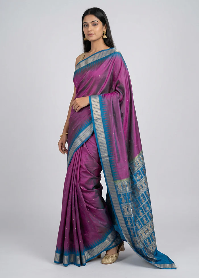 Purple Handloom Bomkai Pure Silk Saree With Blouse Piece