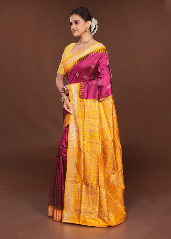 Purple Handloom Bomkai Pure Silk Saree With Blouse Piece - Image 4