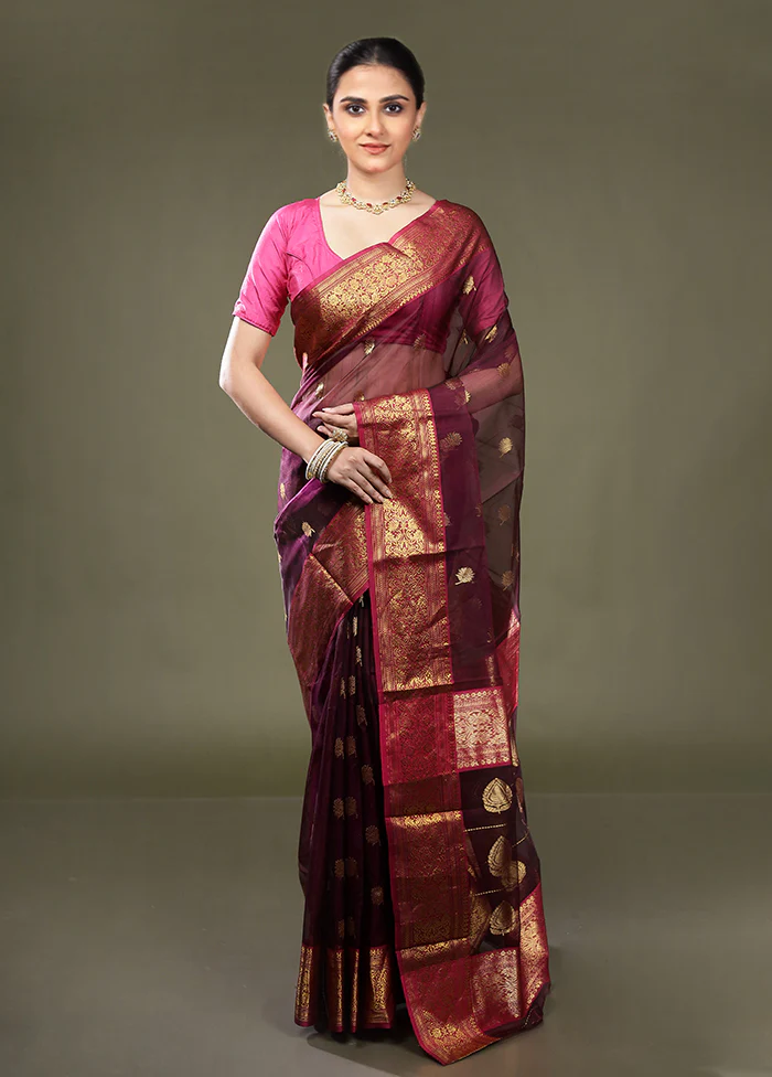Purple Handloom Chanderi Pure Cotton Saree With Blouse Piece - Image 2