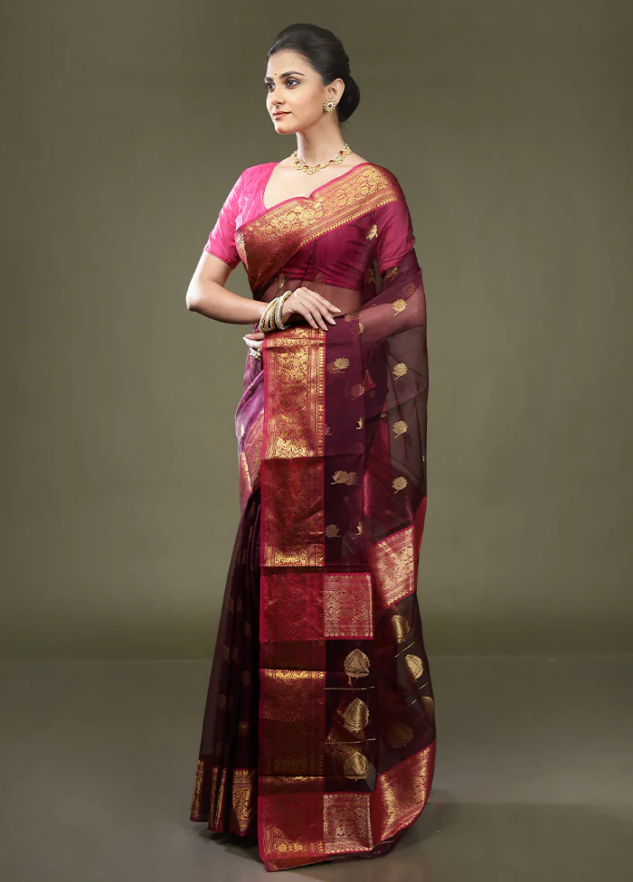 Purple Handloom Chanderi Pure Cotton Saree With Blouse Piece - Image 4