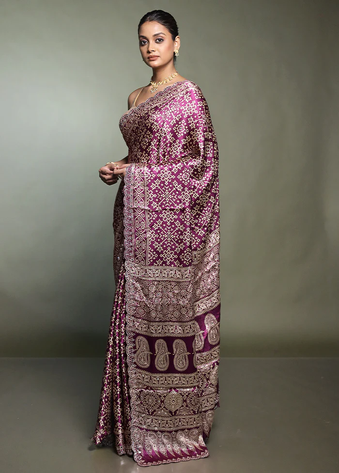 Purple Handloom Chiffon Pure Silk Saree With Blouse Piece - Image 4