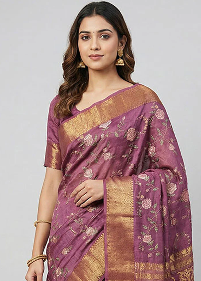 Purple Handloom Dupion Pure Silk Saree With Blouse Piece - Image 2