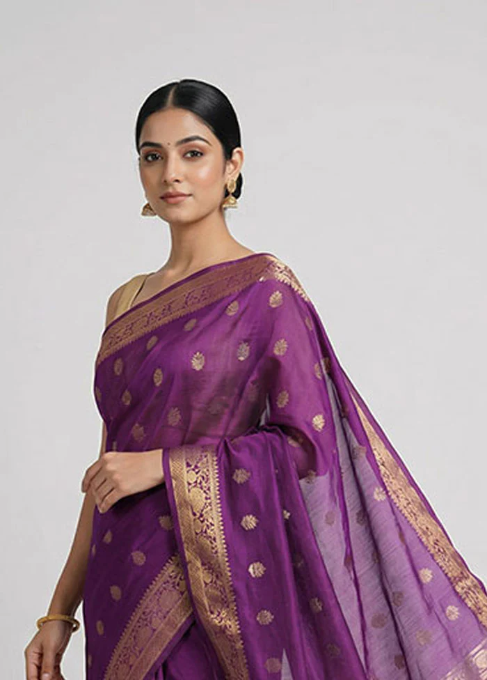 Purple Handloom Dupion Pure Silk Saree With Blouse Piece - Image 2