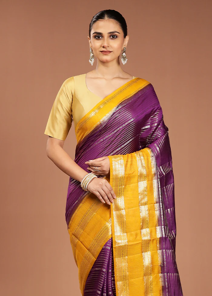 Purple Handloom Dupion Pure Silk Saree With Blouse Piece