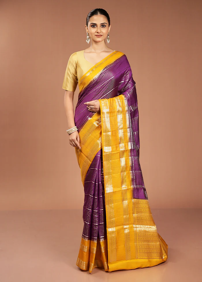 Purple Handloom Dupion Pure Silk Saree With Blouse Piece - Image 2
