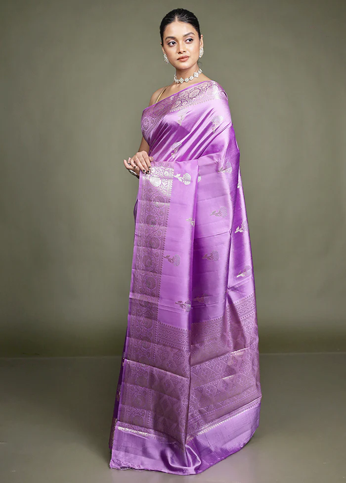 Purple Handloom Dupion Pure Silk Saree With Blouse Piece - Image 4