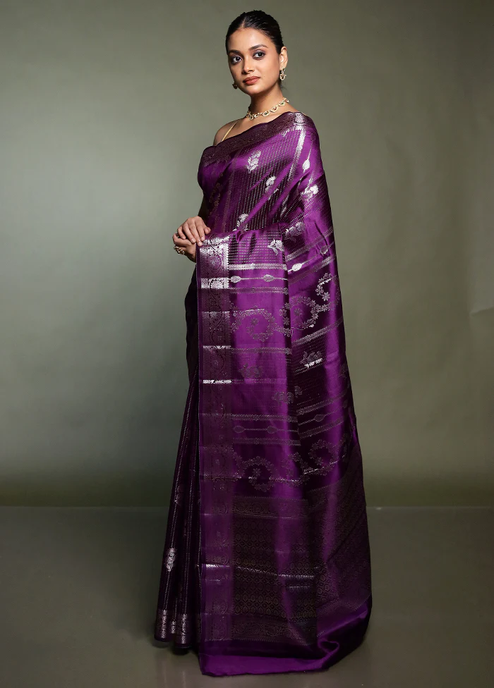 Purple Handloom Dupion Pure Silk Saree With Blouse Piece - Image 4