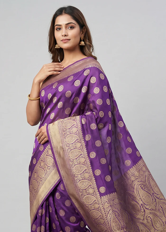 Purple Handloom Dupion Pure Silk Saree With Blouse Piece - Image 2