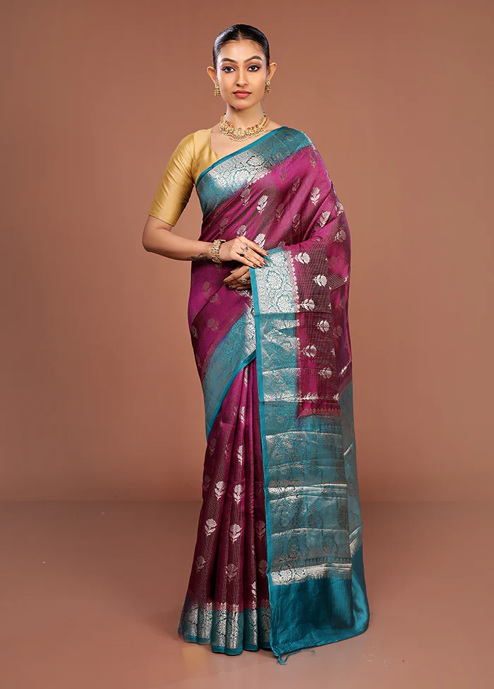 Purple Handloom Dupion Pure Silk Saree With Blouse Piece - Image 2