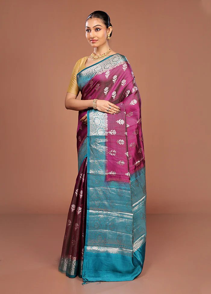 Purple Handloom Dupion Pure Silk Saree With Blouse Piece - Image 4