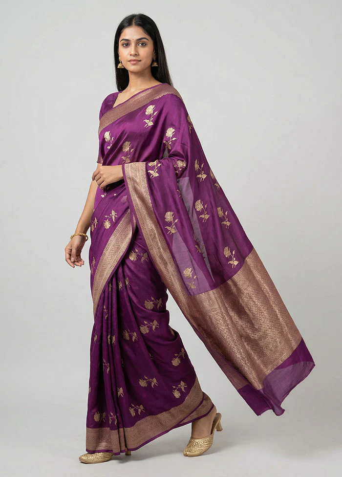 Purple Handloom Dupion Pure Silk Saree With Blouse Piece