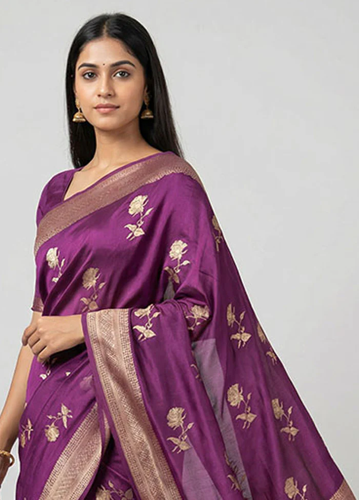 Purple Handloom Dupion Pure Silk Saree With Blouse Piece - Image 2