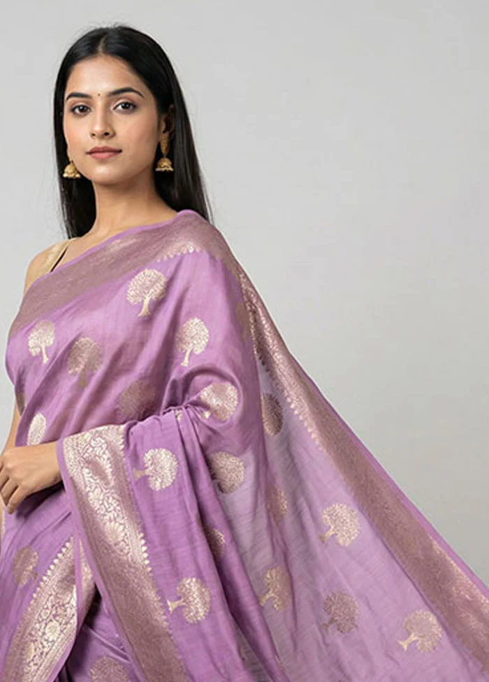 Purple Handloom Dupion Pure Silk Saree With Blouse Piece - Image 2