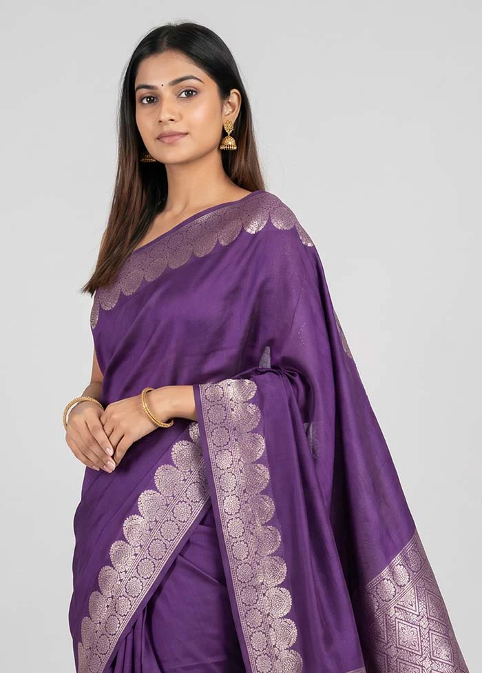 Purple Handloom Dupion Pure Silk Saree With Blouse Piece - Image 2