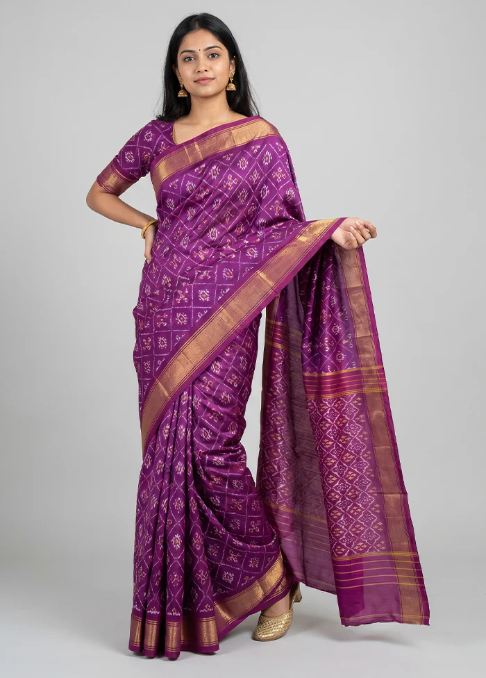 Purple Handloom Ikkat Pure Silk Saree With Blouse Piece
