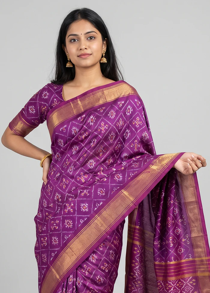 Purple Handloom Ikkat Pure Silk Saree With Blouse Piece - Image 2