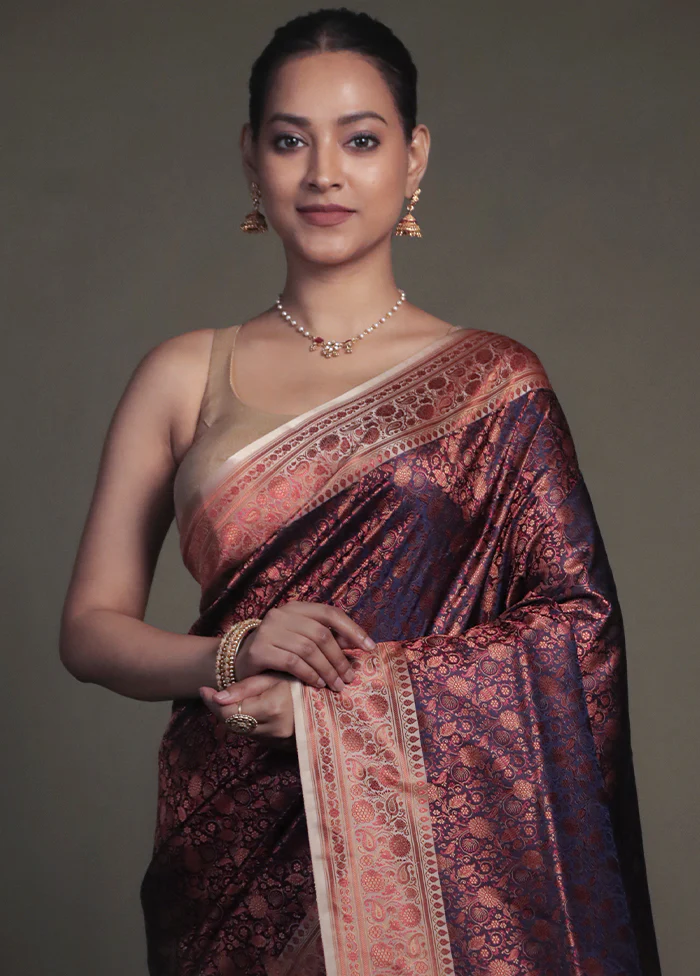 Purple Handloom Jamewar Pure Silk Saree With Blouse Piece - Image 2