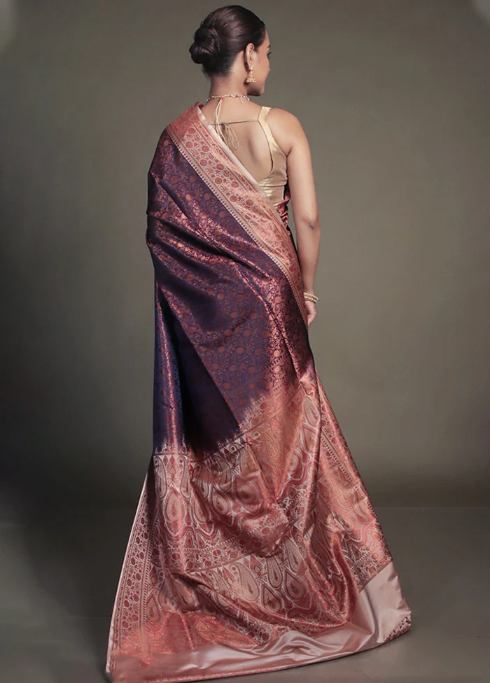 Purple Handloom Jamewar Pure Silk Saree With Blouse Piece - Image 3