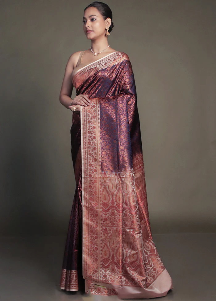 Purple Handloom Jamewar Pure Silk Saree With Blouse Piece - Image 4