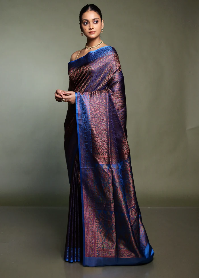 Purple Handloom Jamewar Pure Silk Saree With Blouse Piece - Image 4