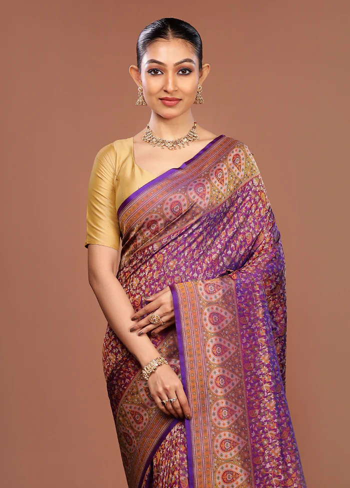 Purple Handloom Jamewar Pure Silk Saree With Blouse Piece