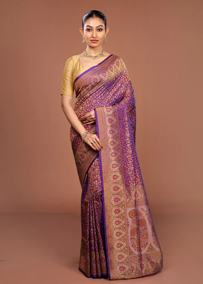 Purple Handloom Jamewar Pure Silk Saree With Blouse Piece - Image 2