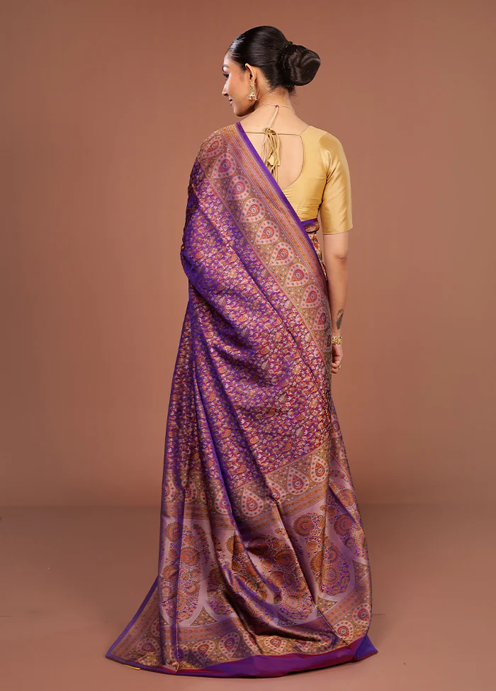 Purple Handloom Jamewar Pure Silk Saree With Blouse Piece - Image 3