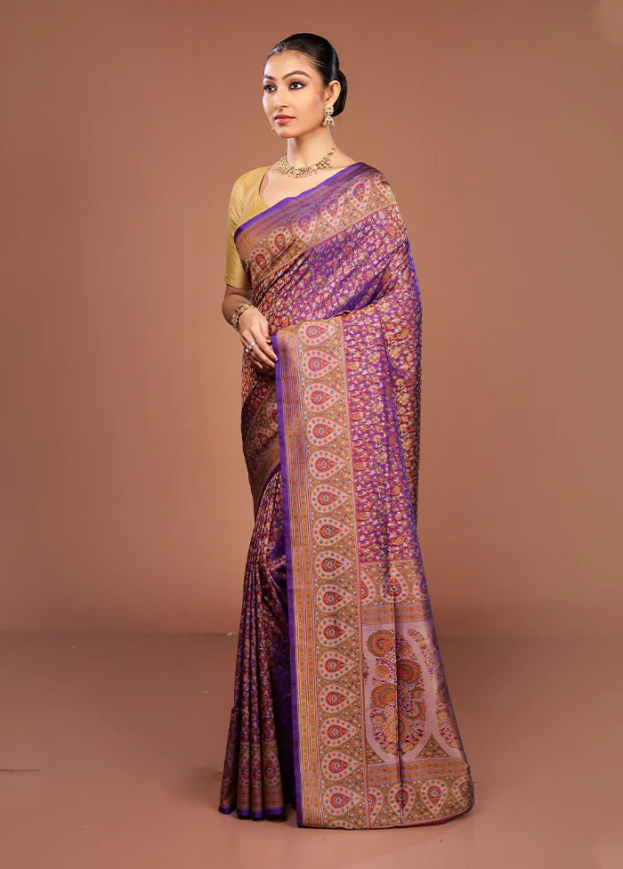 Purple Handloom Jamewar Pure Silk Saree With Blouse Piece - Image 4
