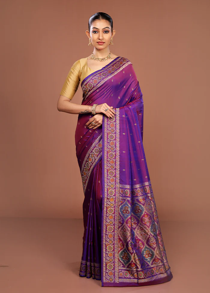 Purple Handloom Jamewar Pure Silk Saree With Blouse Piece - Image 2
