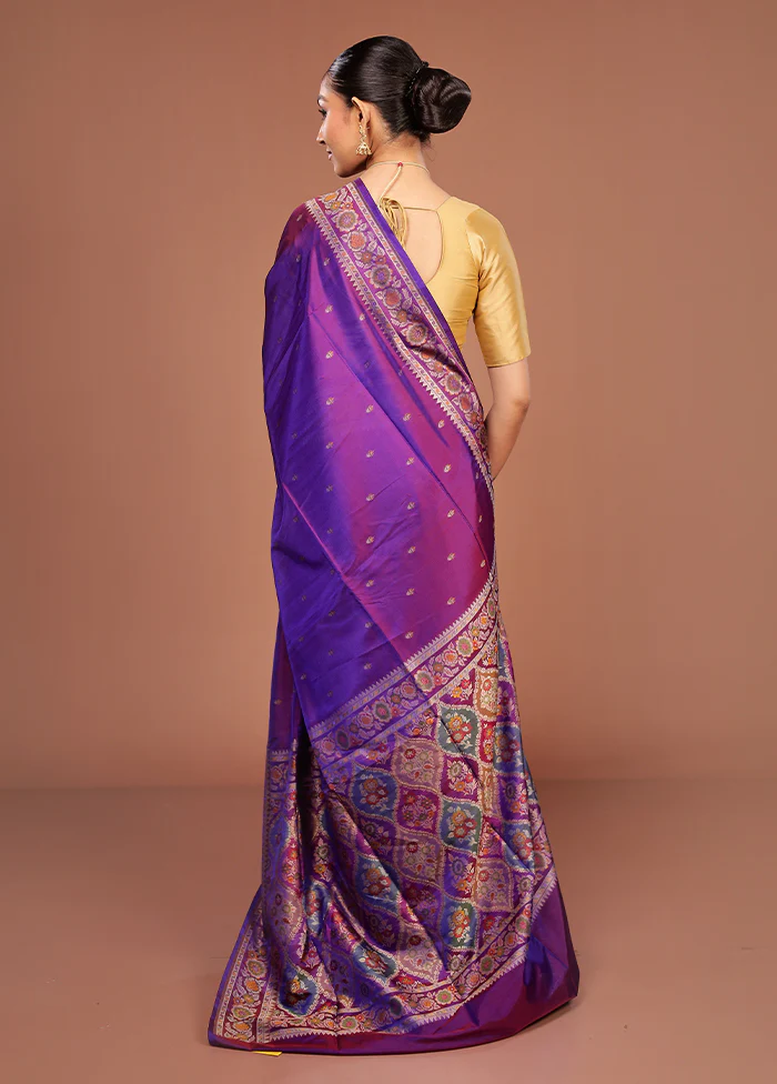 Purple Handloom Jamewar Pure Silk Saree With Blouse Piece - Image 3