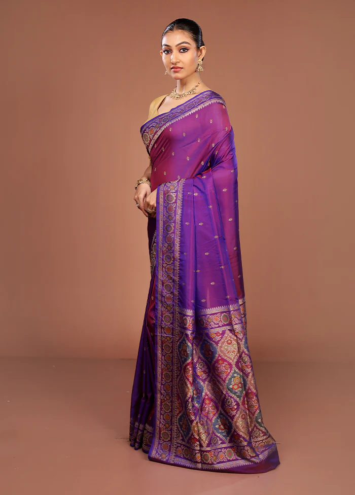 Purple Handloom Jamewar Pure Silk Saree With Blouse Piece - Image 4
