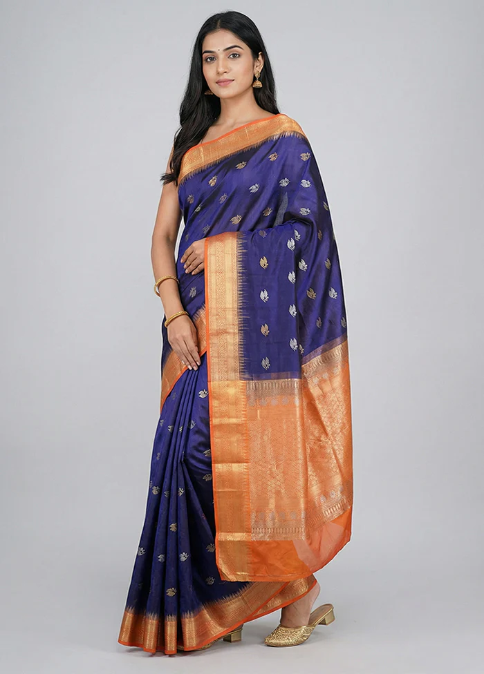 Purple Handloom Kanchipuram Pure Silk Saree With Blouse Piece