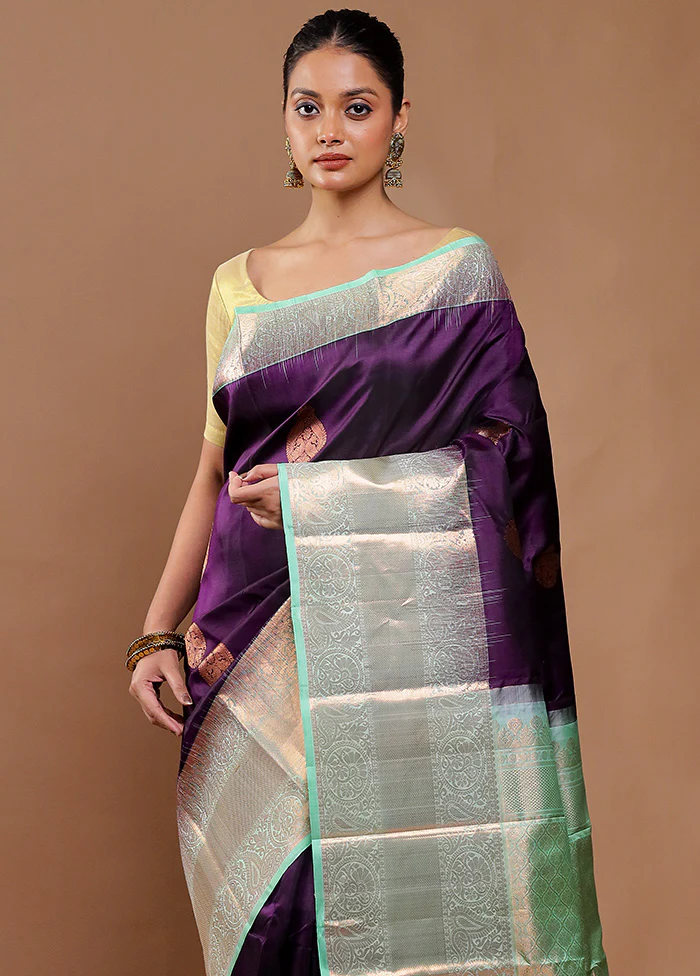 Purple Handloom Kanchipuram Pure Silk Saree With Blouse Piece - Image 2