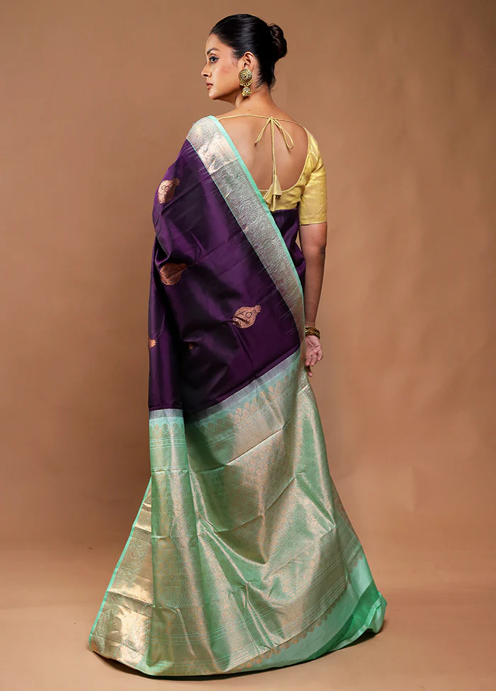 Purple Handloom Kanchipuram Pure Silk Saree With Blouse Piece - Image 3