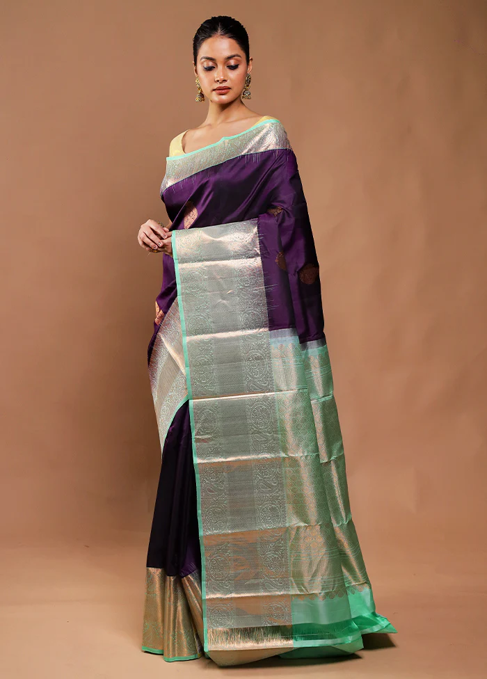 Purple Handloom Kanchipuram Pure Silk Saree With Blouse Piece - Image 4