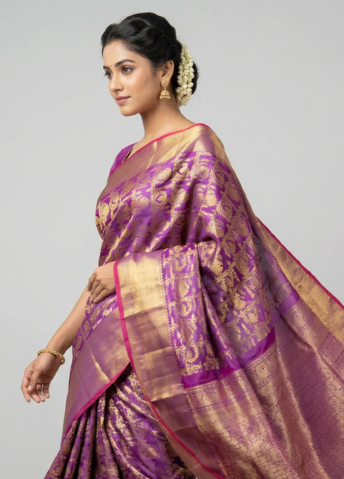Purple Handloom Kanchipuram Pure Silk Saree With Blouse Piece - Image 2