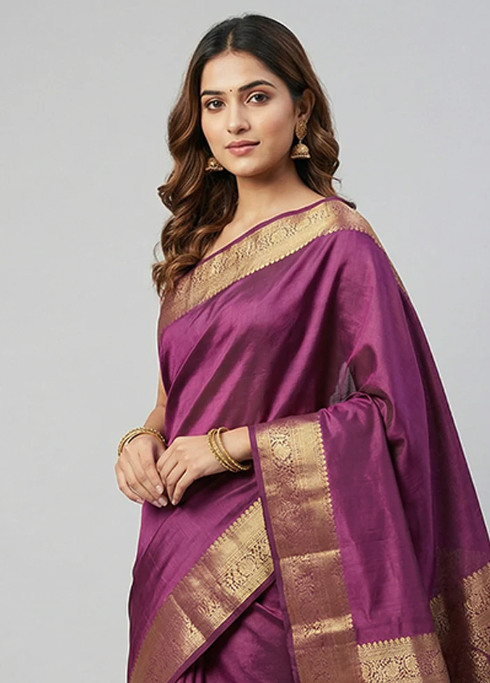 Purple Handloom Kanchipuram Pure Silk Saree With Blouse Piece - Image 2